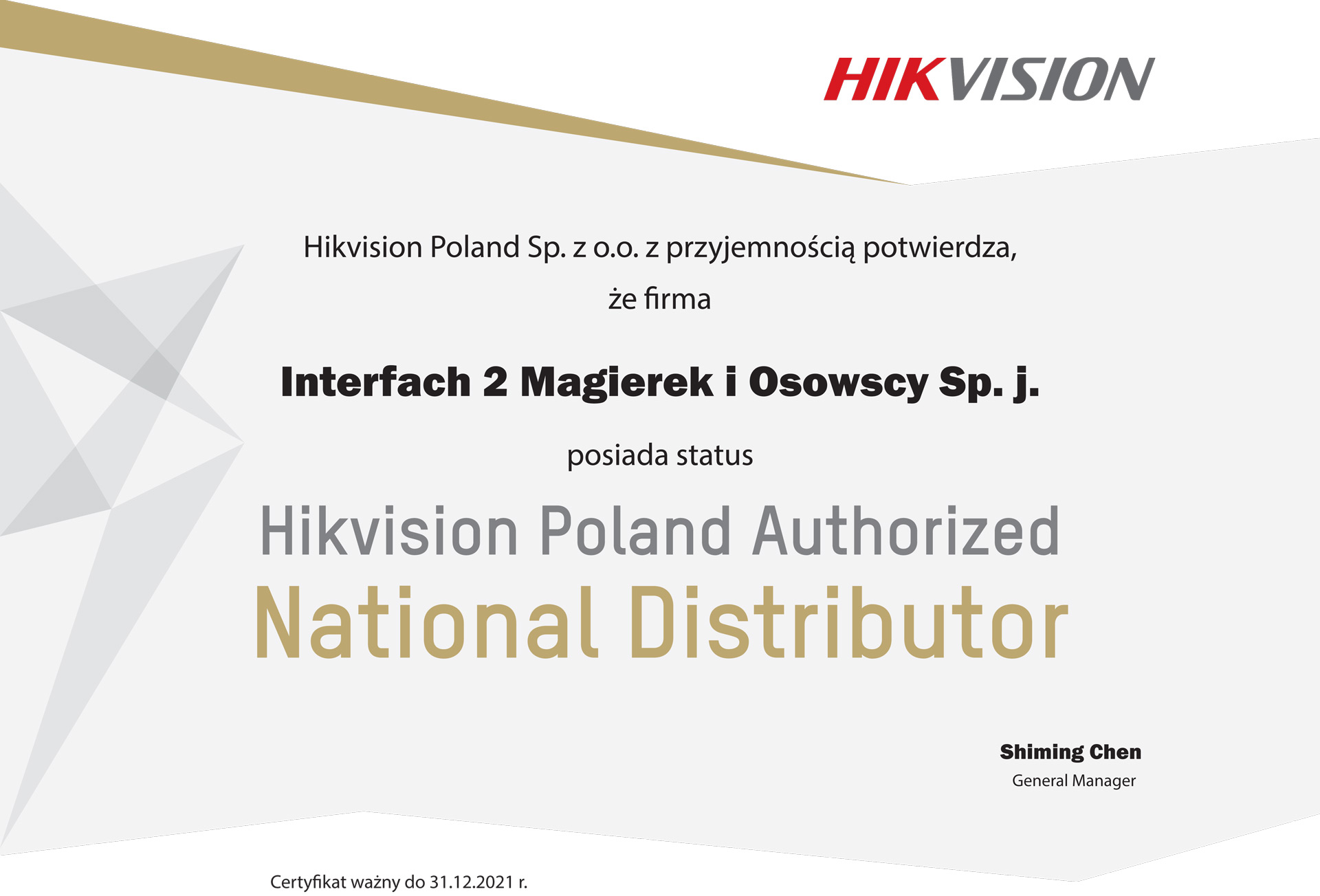 Hikvision - certyfikat autoryzowanego dystrybutora