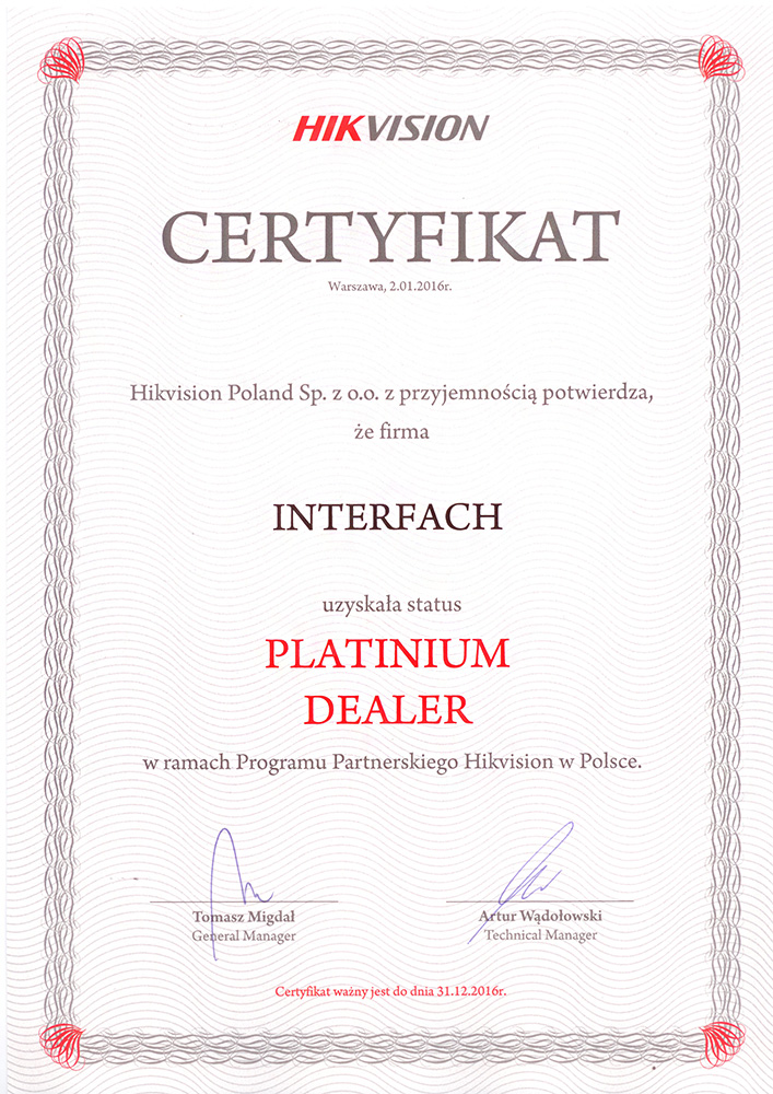 Hikvision - certyfikat platynowego dealera
