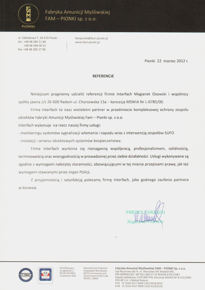 List referencyjny od Fabryki Amunicji Myśliwskiej w Pionkach