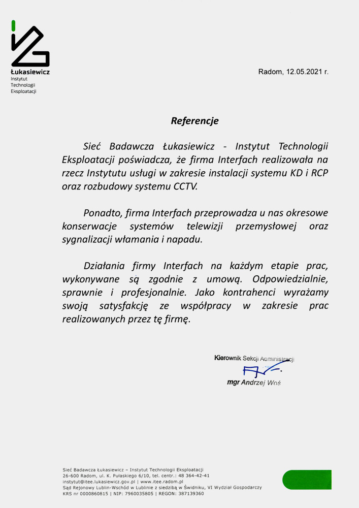 List referencyjny od Sieci Badawczej Łukasiewicz - Instytutu Technologii Eksploatacji 
