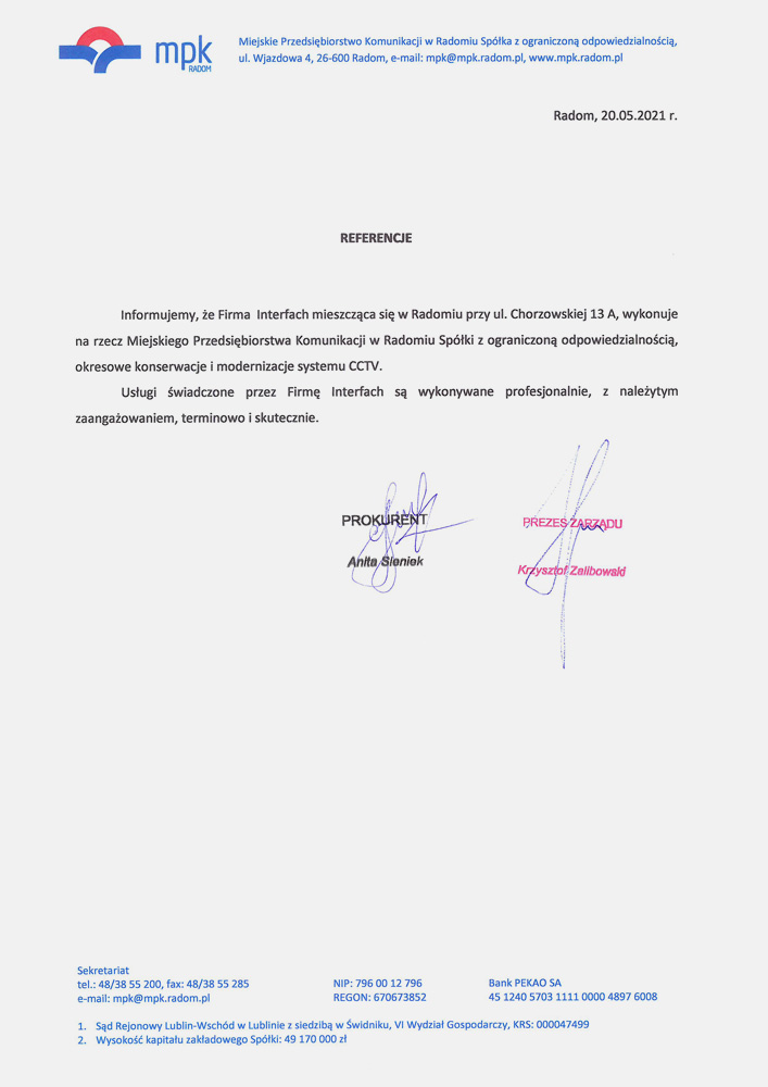 List referencyjny od Miejskiego Przedsiębiorstwa Komunikacyjnego w Radomiu