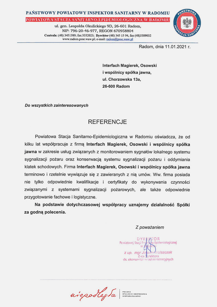 List referencyjny od Państwowego Powiatowego Inspektora Sanitarnego w Radomiu