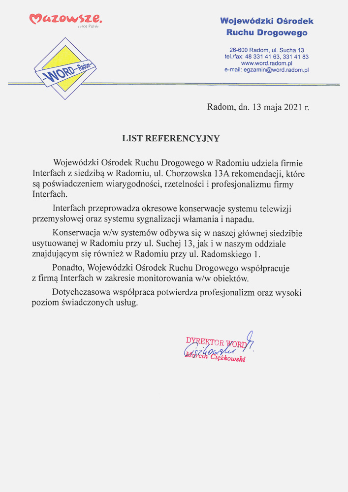 List referencyjny od Wojewódzkiego Ośrodka Ruchu Drogowego