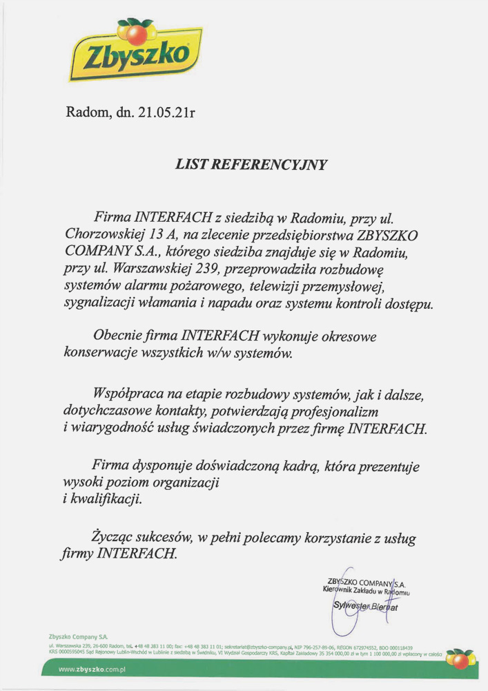 List referencyjny od Zbyszko Company S.A.
